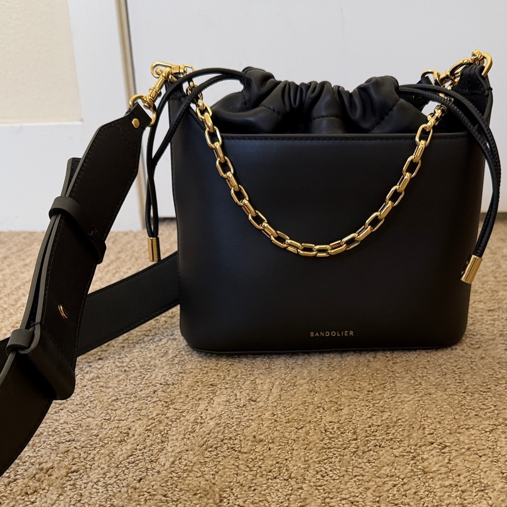 Bandolier Crossbody Bag in Black with Gold Chain
